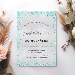 Invitation Parties scintillant turquoise en argent Quinceaner