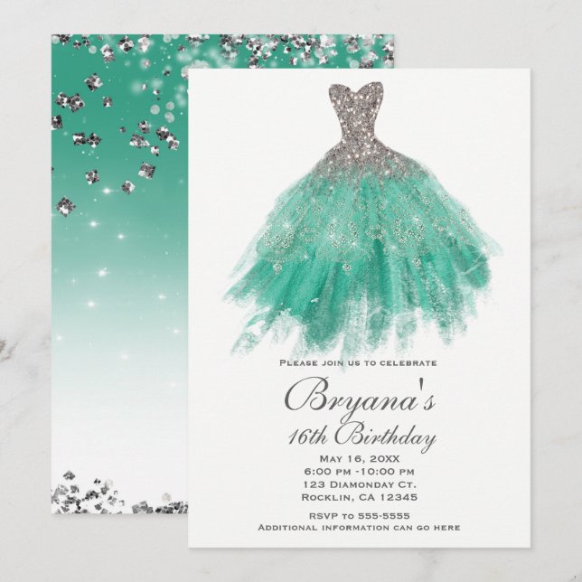 Invitation Parties scintillant turquoise et argentée Glamour  (Devant / Derrière)