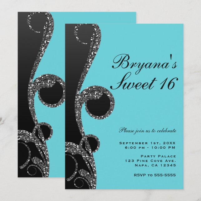 Invitation Parties scintillant turquoise et noire en argent S (Devant / Derrière)