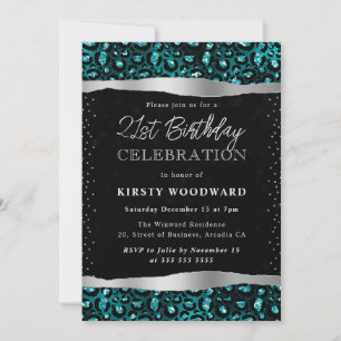 Invitation Parties scintillant turquoise et noire Leopard Spo