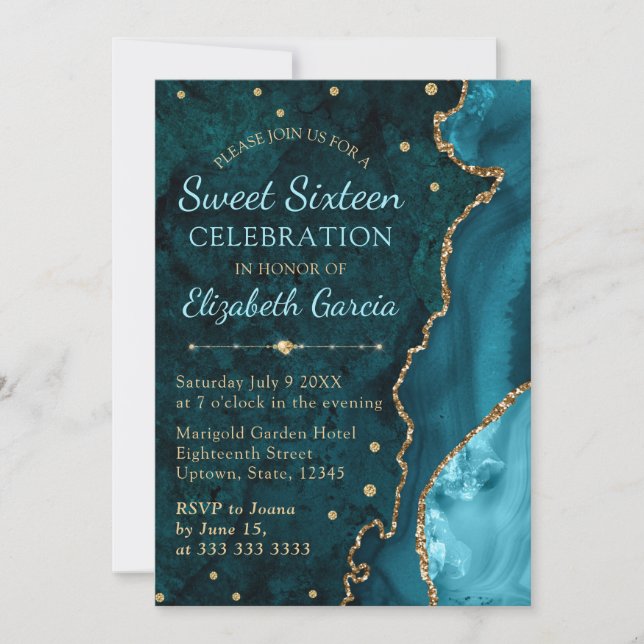 Invitation Parties scintillant turquoise et or Agate et marbr (Devant)