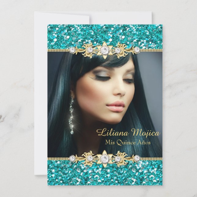 Invitation Parties scintillant Turquoise or & Bijoux Bow Quin (Devant)