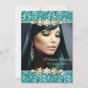 Invitation Parties scintillant Turquoise or & Bijoux Bow Quin