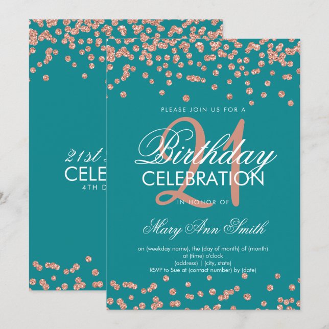 Invitation Parties scintillant Turquoise or rose Confetti 21e (Devant / Derrière)