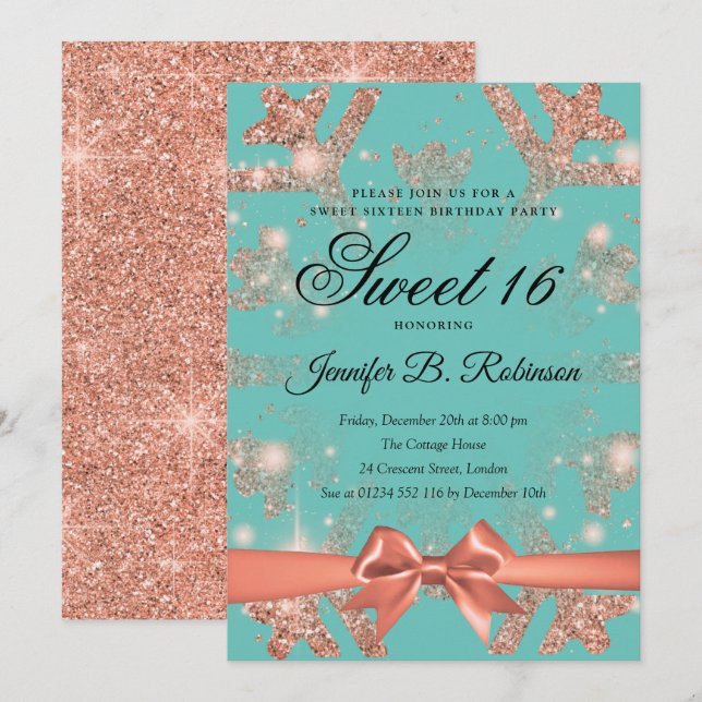 Invitation Parties scintillant Turquoise or rose et ruban Swe (Devant / Derrière)
