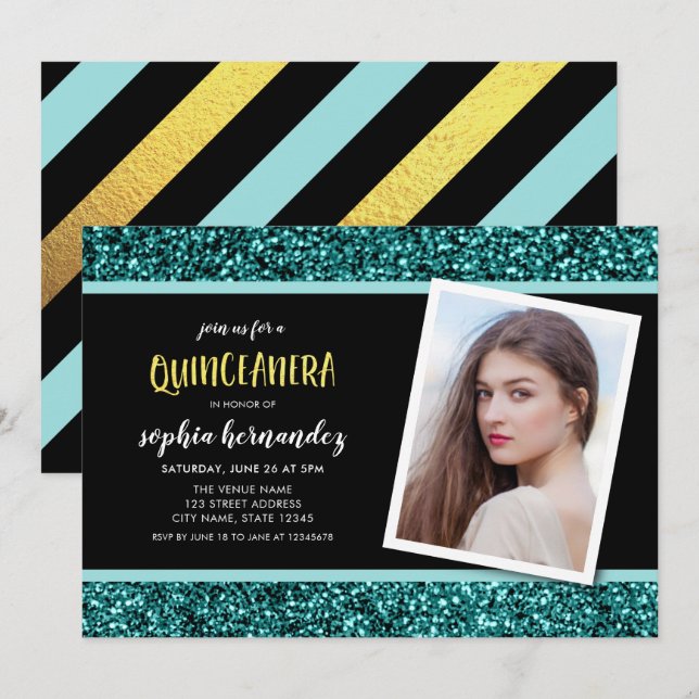 Invitation Parties scintillant turquoise Photo Quinceanera In (Devant / Derrière)