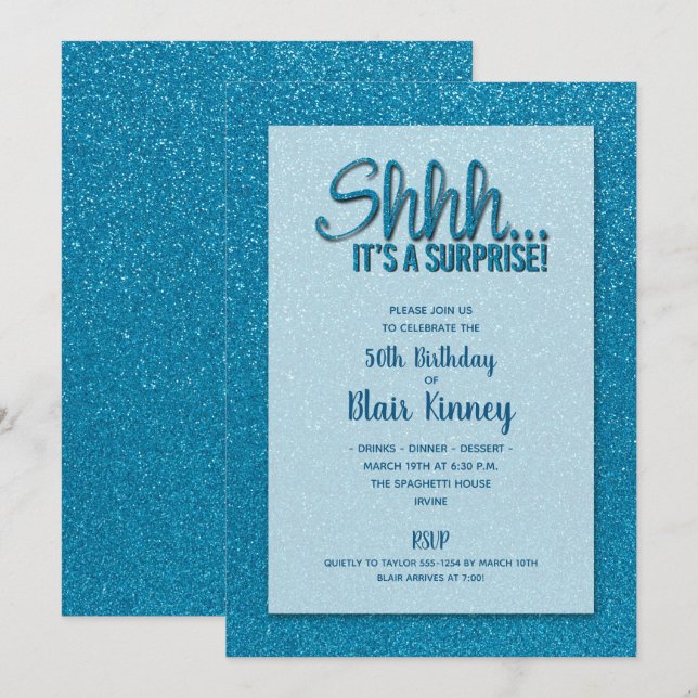 Invitation Parties scintillant turquoise SURPRISE Anniversair (Devant / Derrière)