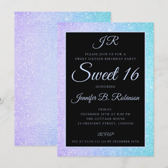 Invitation Parties scintillant turquoise violet sucré 16 Anni (Devant / Derrière)