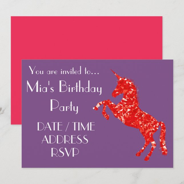 Invitation Parties scintillant Unicorn coloré fête d'annivers (Devant / Derrière)