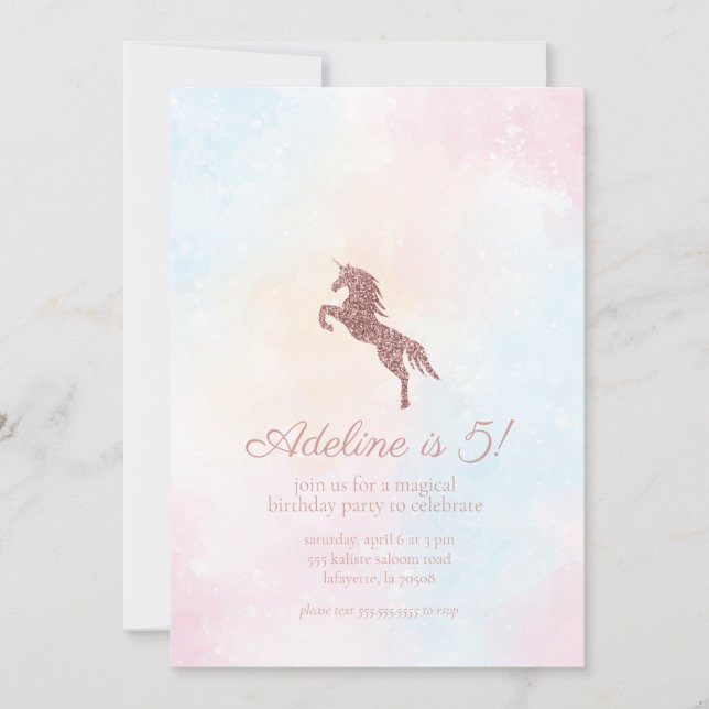 Invitation Parties scintillant Unicorn Fille Anniversaire Fêt (Devant)