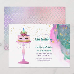Invitation Parties scintillant Unicorn Gâteau rose or huile 1