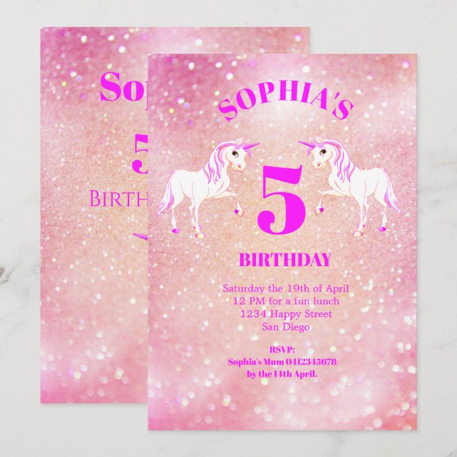 Invitation Parties scintillant Unicorn Magique rose mignon An (Devant / Derrière)