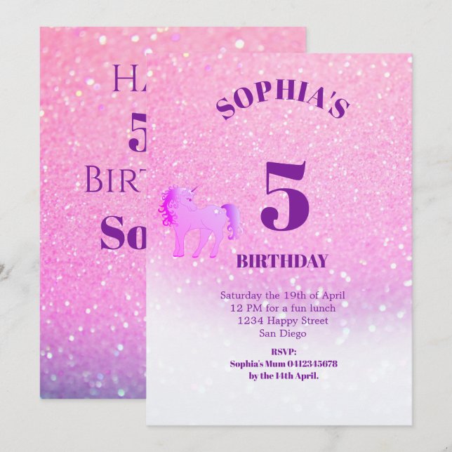 Invitation Parties scintillant Unicorn Magique violet mignon  (Devant / Derrière)