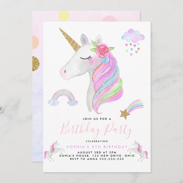 Invitation Parties scintillant Unicorn Rainbow Pastel Birthda (Devant / Derrière)