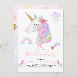 Invitation Parties scintillant Unicorn Rainbow Pastel Birthda