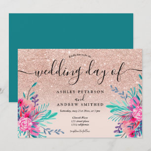 Invitation Parties scintillant vert floral rose mariage aquar