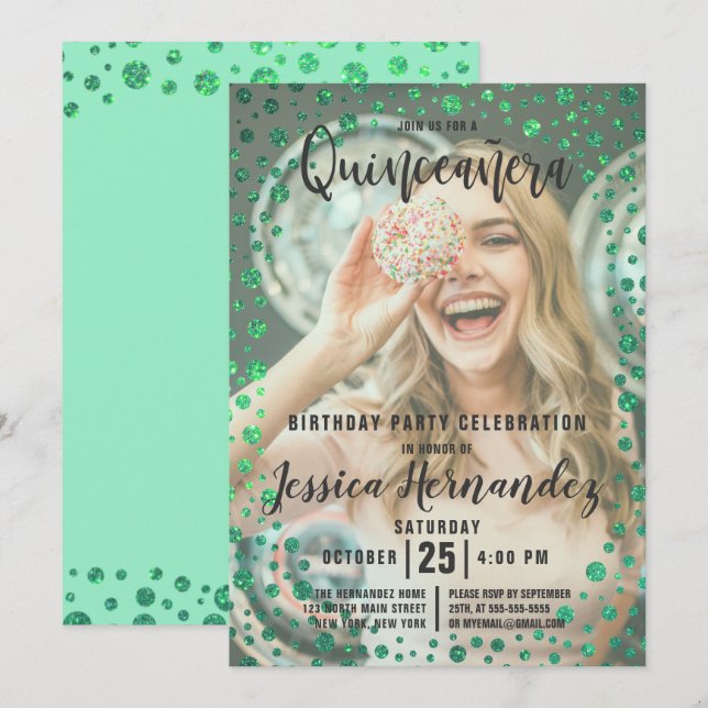 Invitation Parties scintillant verte de sirène Confetti Photo (Devant / Derrière)