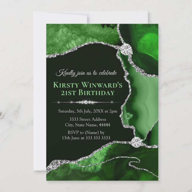 Invitation Parties scintillant verte et argent Agate Annivers (Devant)