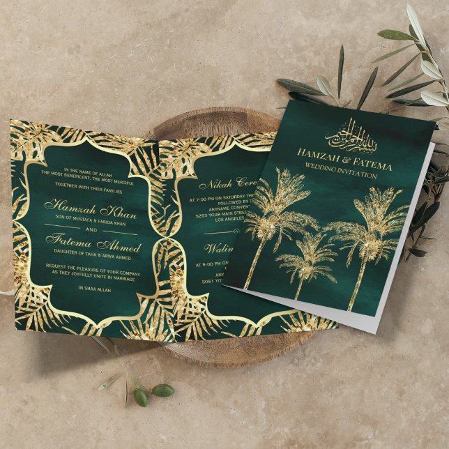 Invitation Parties scintillant verte et or Date Palm Mariage  (Créateur téléchargé)