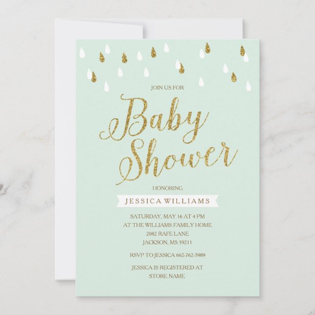 Invitation Parties scintillant verte et or  Raindrops Baby sh (Devant)