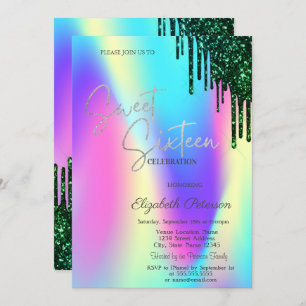 Invitation Parties scintillant verte gouttes holographique su