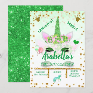 Invitation Parties scintillant verte personnalisée Unicorn An