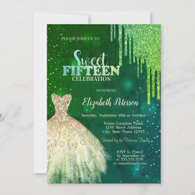 Invitation Parties scintillant verte, Robe d'or Stars Quincea (Devant)