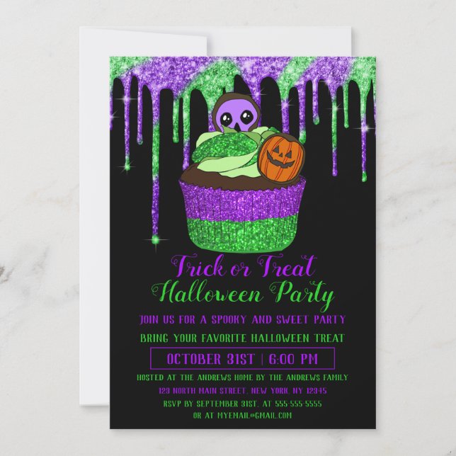 Invitation Parties scintillant verte violet de néon Cupcake H (Devant)