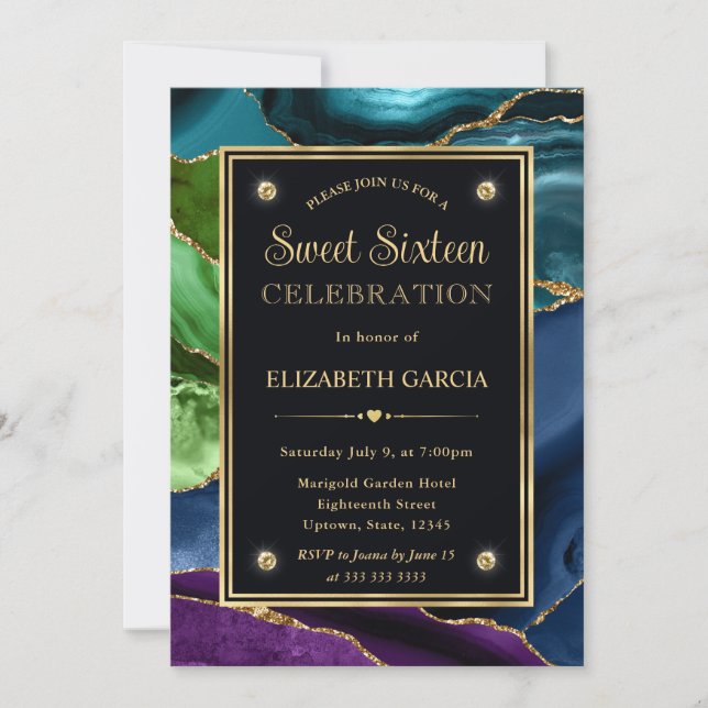Invitation Parties scintillant violet, bleu et vert Sweet six (Devant)