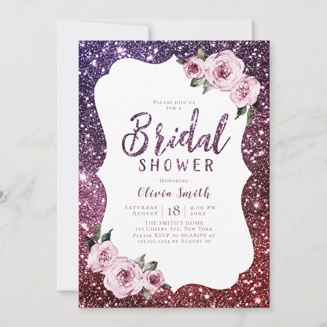 Invitation Parties scintillant violet bordeaux douche à nupti (Devant)