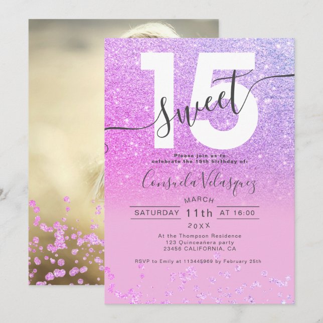 Invitation Parties scintillant violet confetti rose Quinceane (Devant / Derrière)