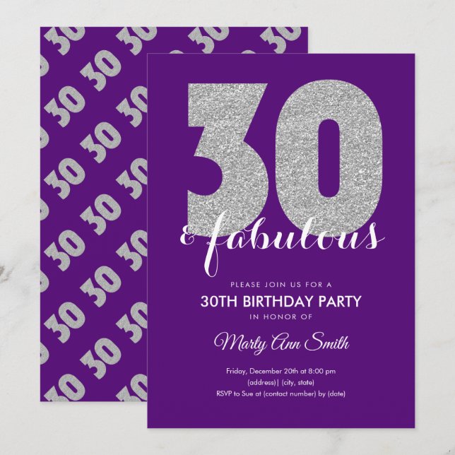 Invitation Parties scintillant violet d'argent 30 et annivers (Devant / Derrière)