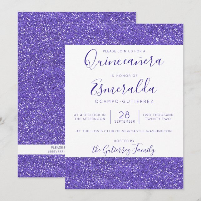 Invitation Parties scintillant violet de fille étincelle Quin (Devant / Derrière)