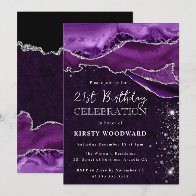 Invitation Parties scintillant violet et argent Agate Anniver (Devant / Derrière)
