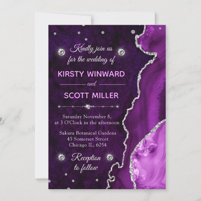 Invitation Parties scintillant violet et argent Agate et marb (Devant)