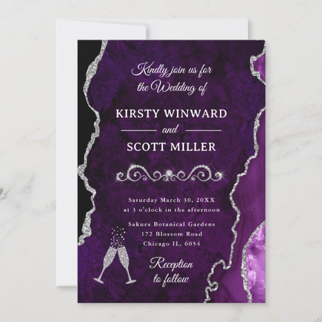 Invitation Parties scintillant violet et argent Agate et Mari (Devant)