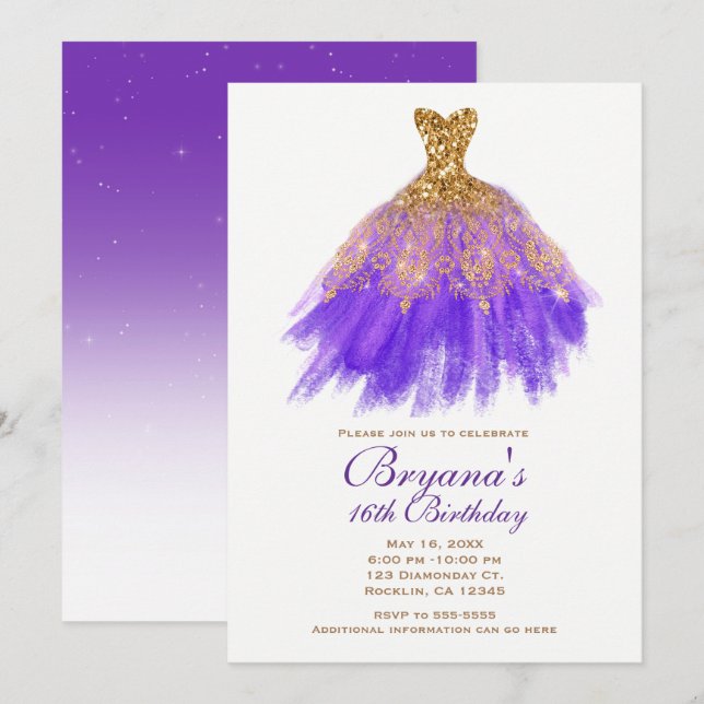 Invitation Parties scintillant violet et or glam robe sucré 1 (Devant / Derrière)