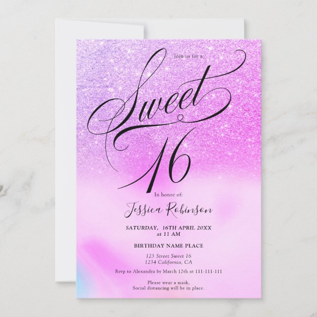 Invitation Parties scintillant violet holographique script ch (Devant)