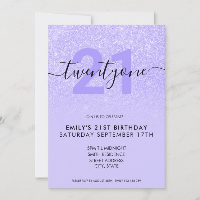 Invitation Parties scintillant violet moderne élégant 21e ann (Devant)
