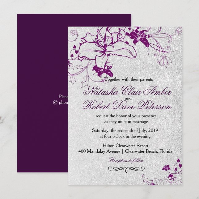 Invitation Parties scintillant violet profond Mariage floral  (Devant / Derrière)