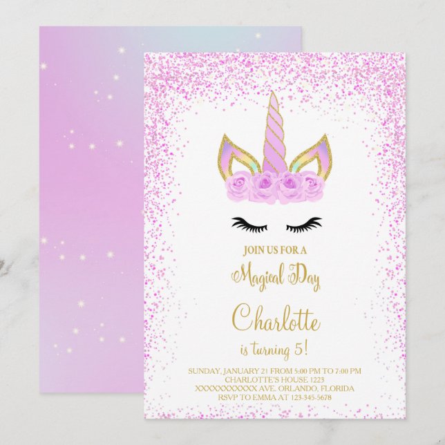 Invitation Parties scintillant violet Unicorn Anniversaire In (Devant / Derrière)