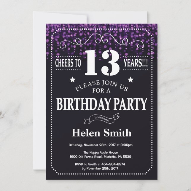 Invitation Parties scintillant violette 13e anniversaire Invi (Devant)