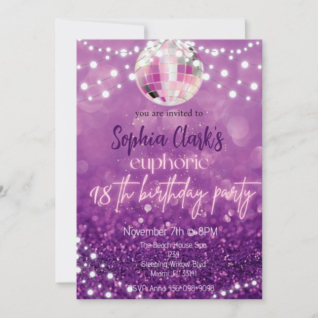 Invitation Parties scintillant violette 18e anniversaire Euph (Devant)