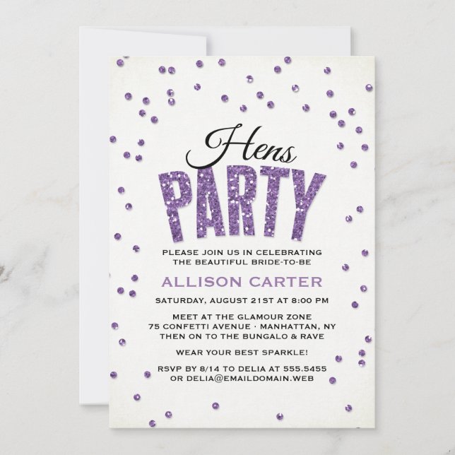 Invitation Parties scintillant violette Look Confetti Hens Pa (Devant)