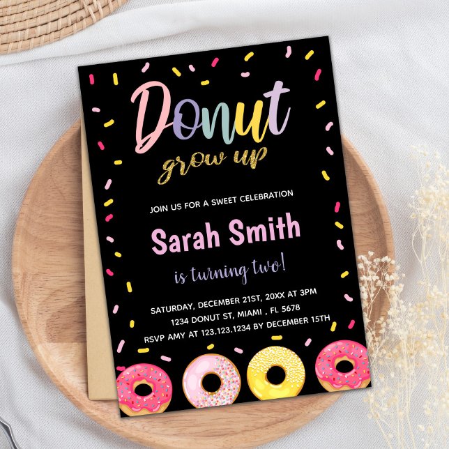 Invitation Parties scintillant violette Noir Rose Donut Anniv (Purple Glitter Black Pink Donut Birthday Invitation)