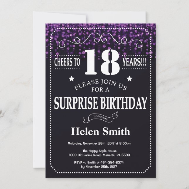 Invitation Parties scintillant violette Surprise 18e annivers (Devant)