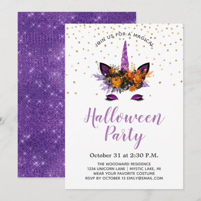 Invitation Parties scintillant violette Unicorn Halloween Par (Devant / Derrière)