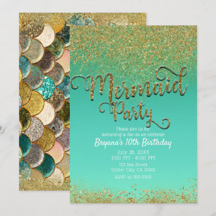 Invitation Parties scintillantes d'or de partie de sirène et