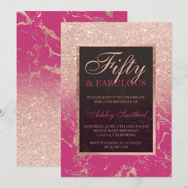 Invitation parties scintillantes roses 50 chics magenta d'or (Devant / Derrière)