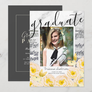 Invitation Partition Musique Marbre Floral Photo Graduation